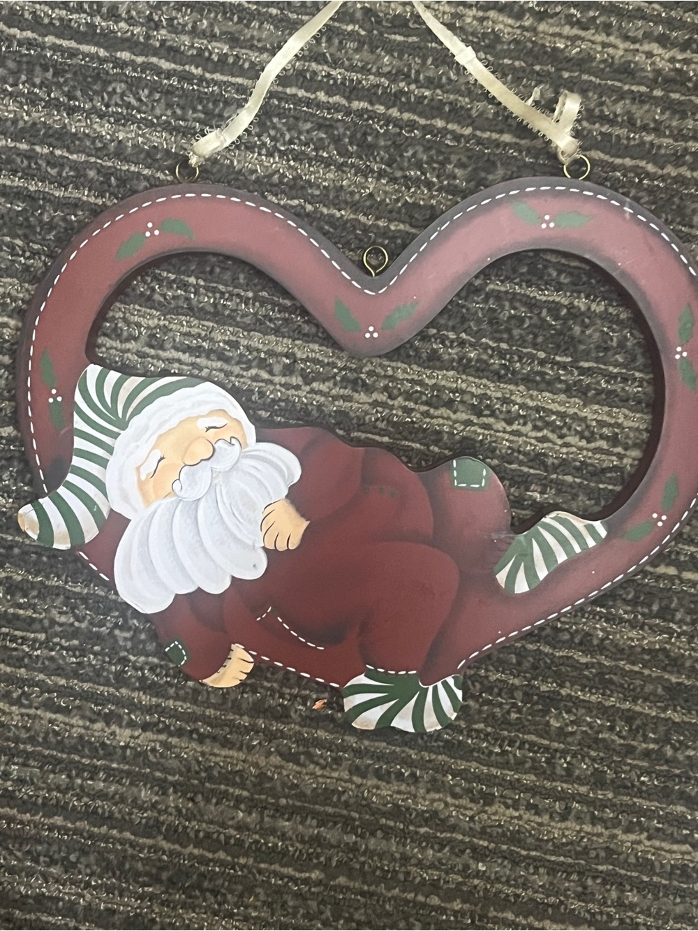 Hand-Painted Red Santa Heart Holiday Wall Hanging Reversible Bunny Side 564